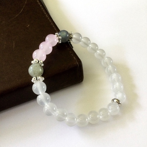 Moonstone Labradorite Rose Quartz Healing Bracelet Stretch w/ Silver Accents NWT - Picture 4 of 14